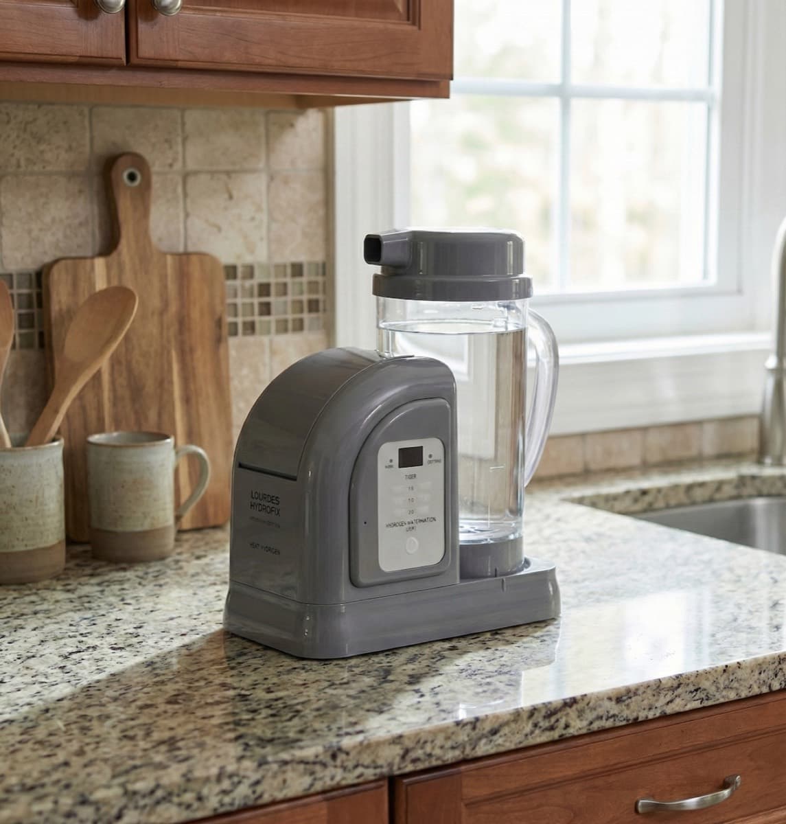 Lourdes Hydrofix Premium Edition hydrogen water machine running a cycle on a kitchen counter